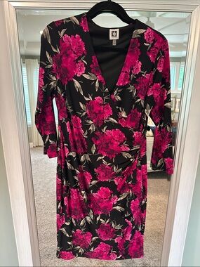 Anne Klein Black Midi Dress with Fuchsia Floral Print